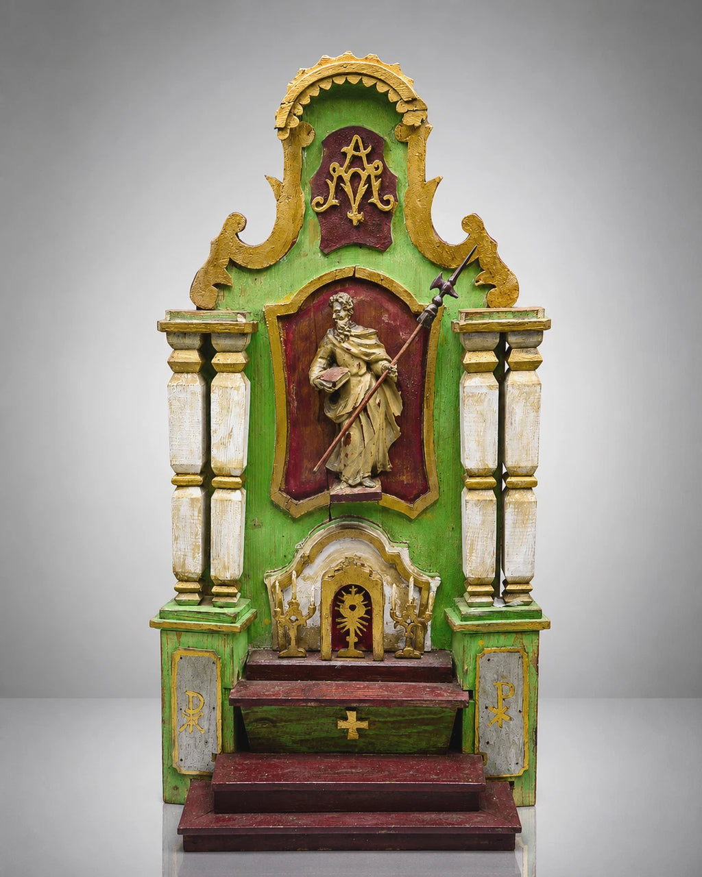 ANTIKER ALTAR Hausaltar Barock geschnitzt Heiligenfigur Monstranz gefasst 70cm