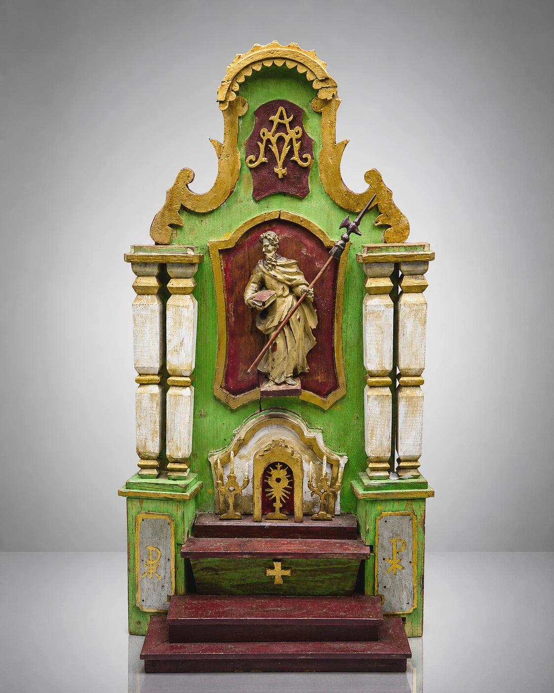 ANTIKER ALTAR Hausaltar Barock geschnitzt Heiligenfigur Monstranz gefasst 70cm