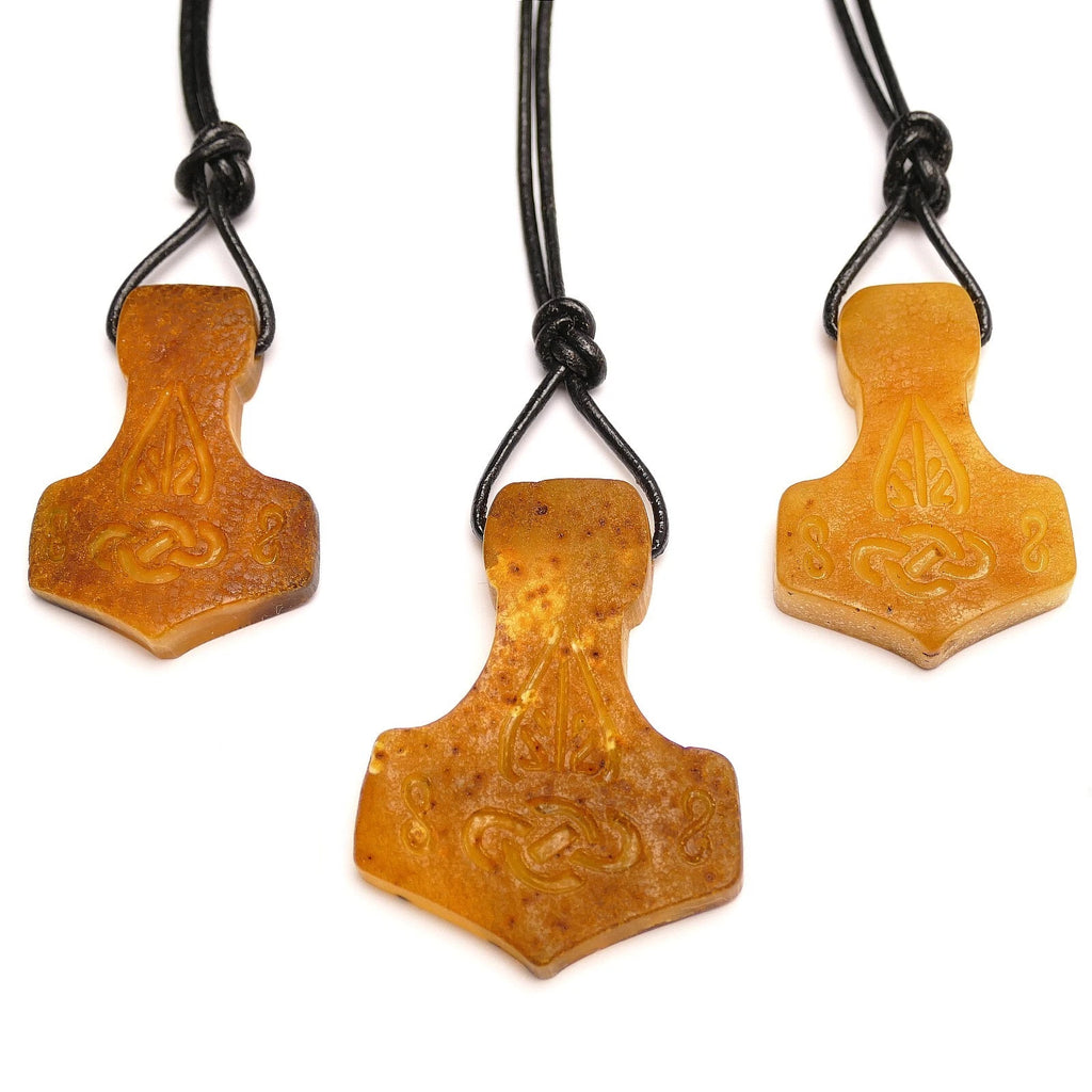 Thor Hammer Thorshammer Natur Bernstein Anhänger Amulett Wikinger Mjölnir Roh