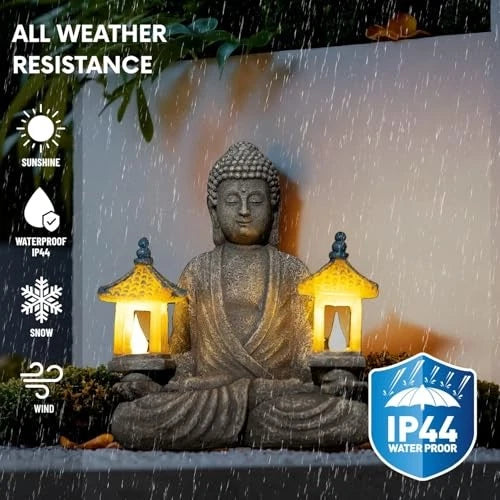 Solar Buddha Statue Zen Garden Decor Two Pavilions Textured Resin 8.46"H Outdoor