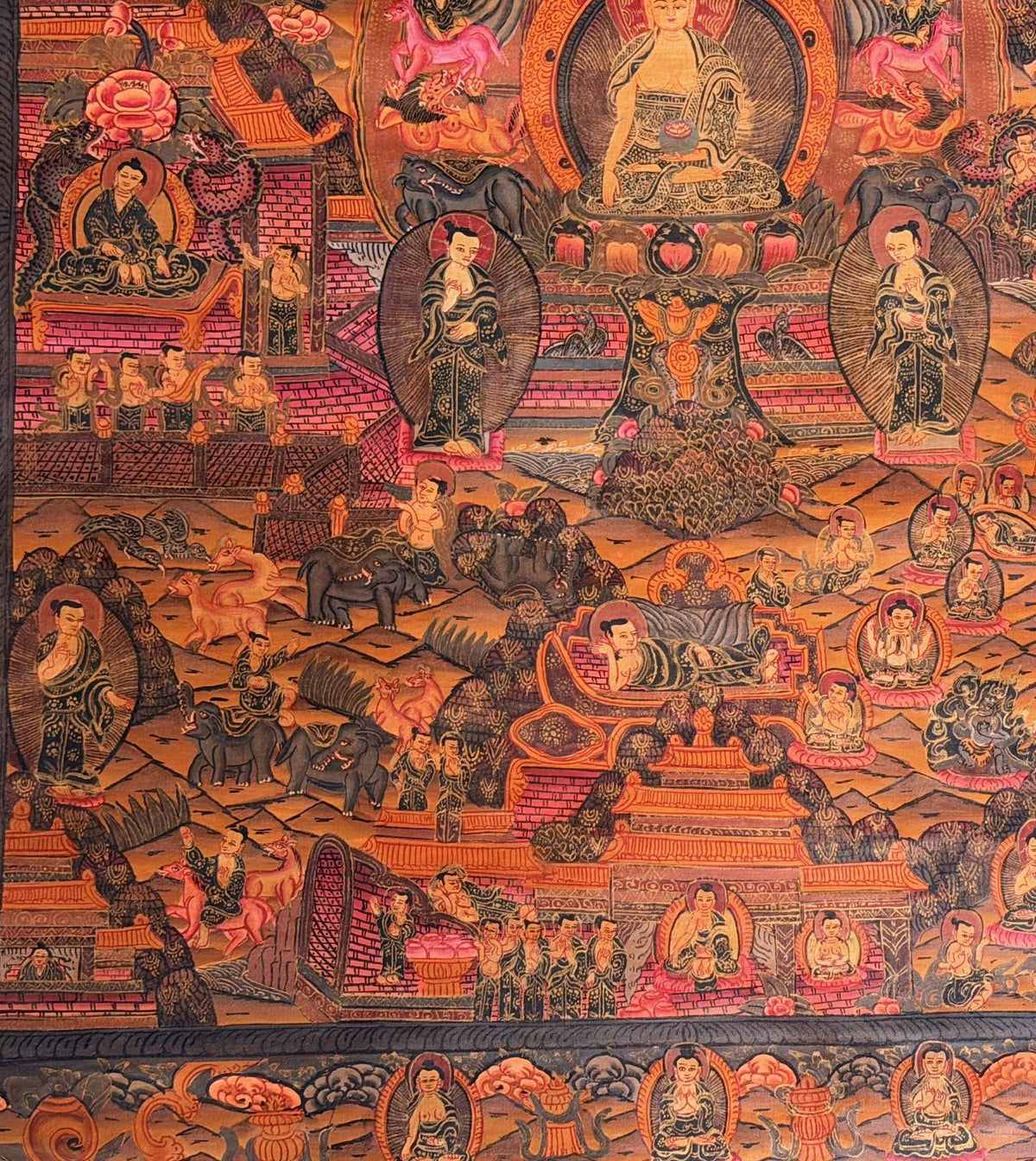 BUDDHA LIFE STORY MANDALA HAND PAINTED TIBETAN THANGKA - OIL VARNISHED ART