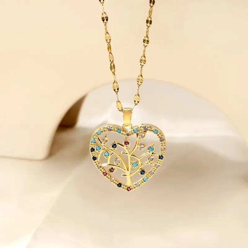 ✨ Damen Halskette Herz Lebensbaum 🌳💖 Gold Anhänger mit bunten Kristallen 💎