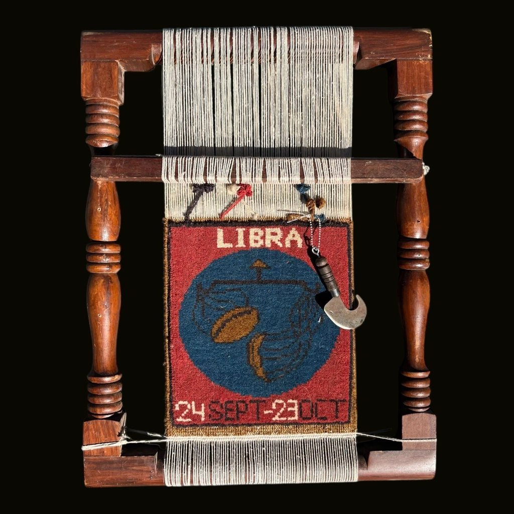 Vintage Horoscope Libra Astrology Wool Rug Sampler 16x21 Zodiac Textile Art